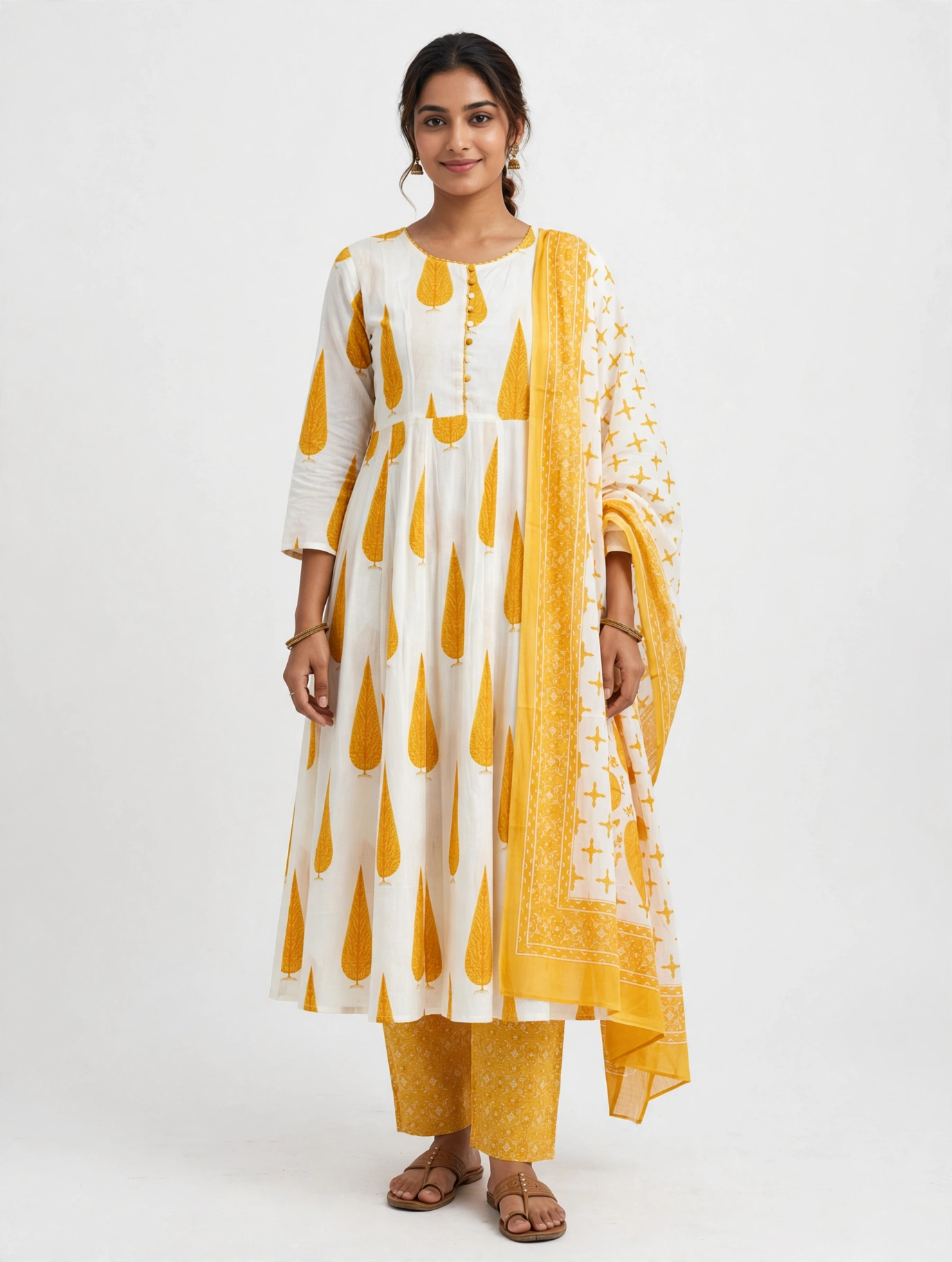 Women Ethnic Motifs Printed Angrakha Pure Cotton Kurta with Trousers & With Dupatta
